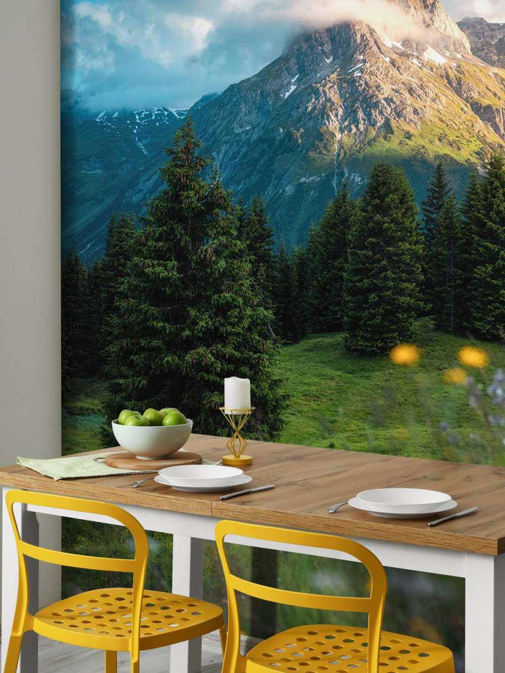 Prairie de montagne dans la brume du matin.