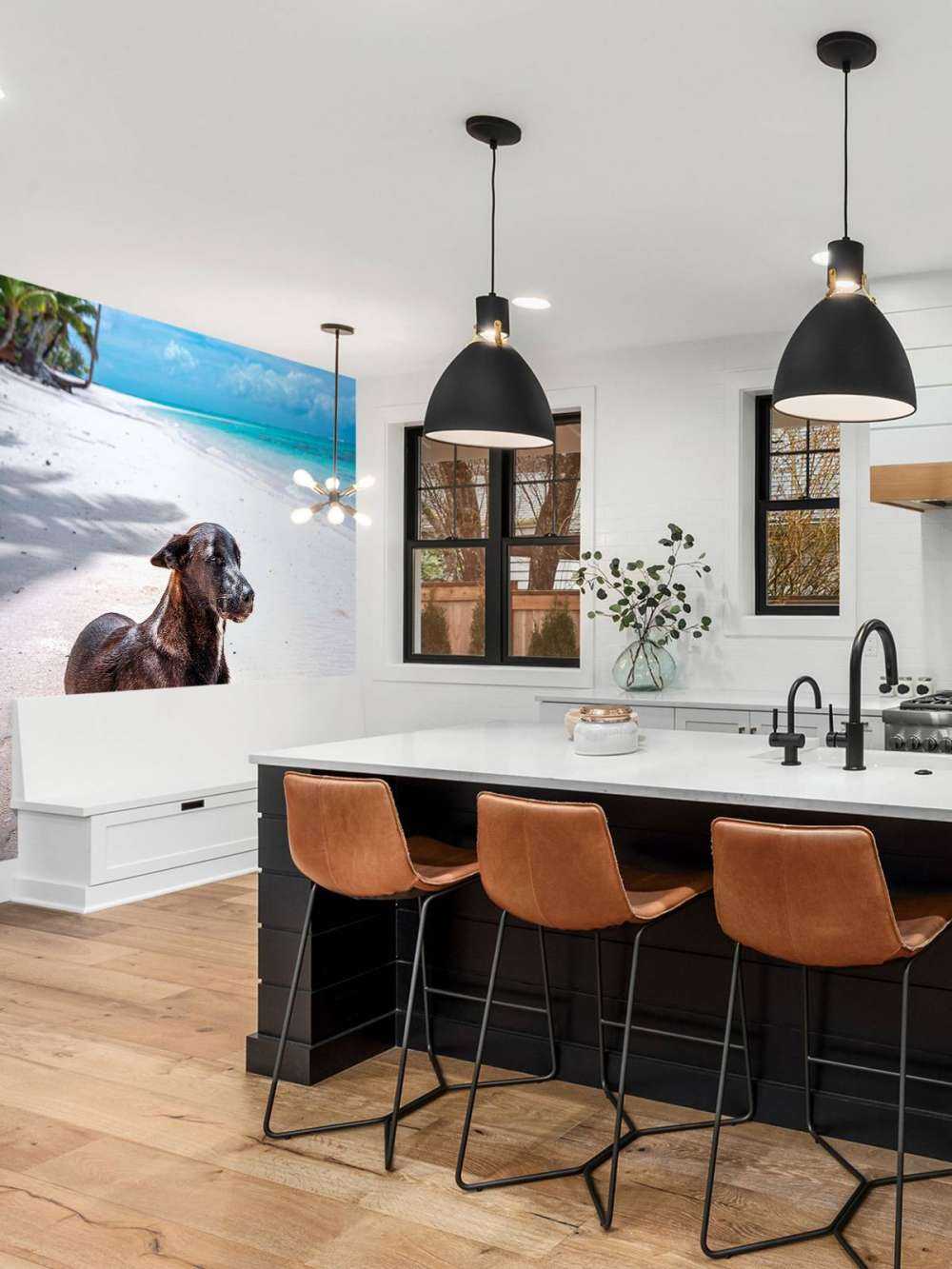 Chien noir sur une plage tropicale.