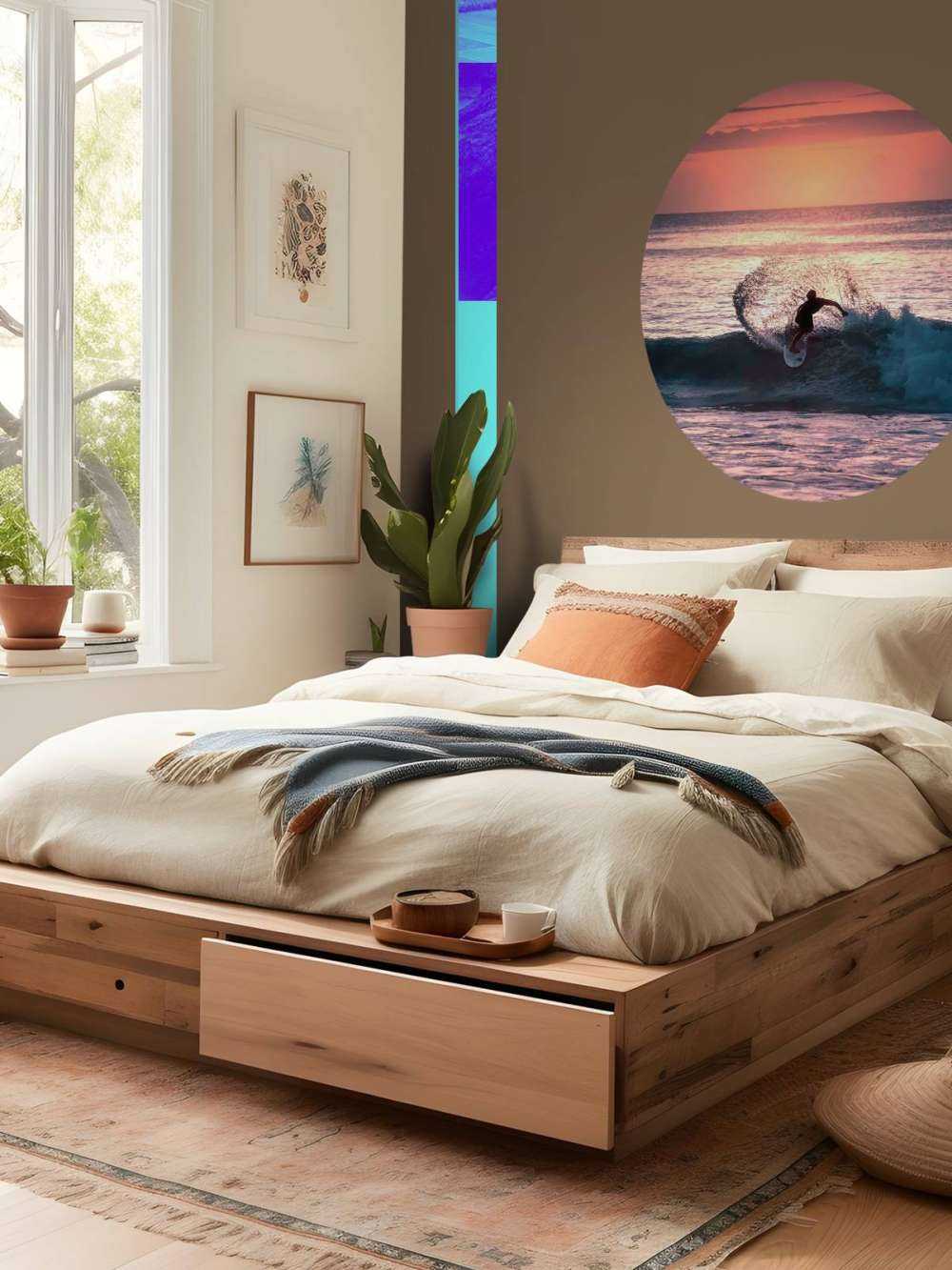 Surfeur dans la lueur rose du soir