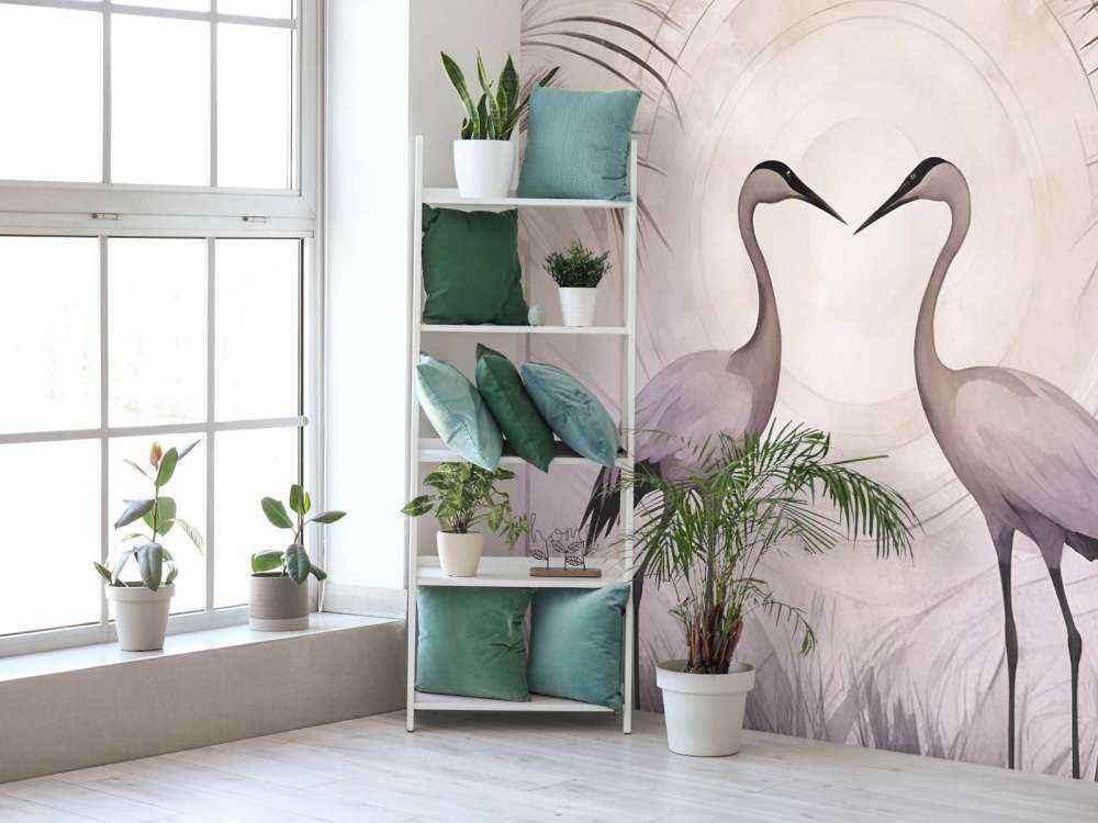 Grues au crépuscule gris