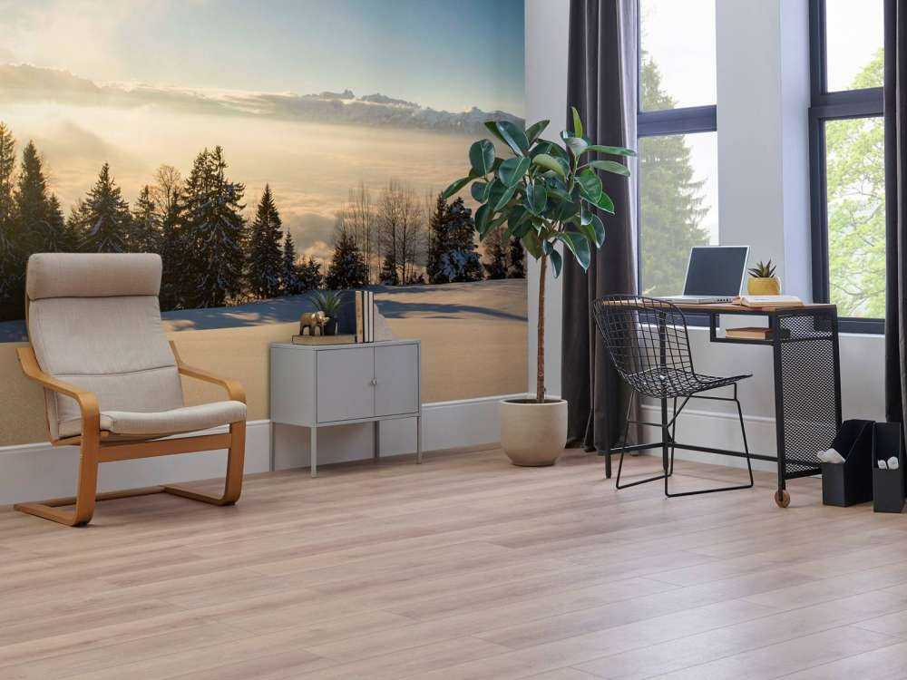 Lever de soleil au-dessus d'une forêt de sapins enneigée.