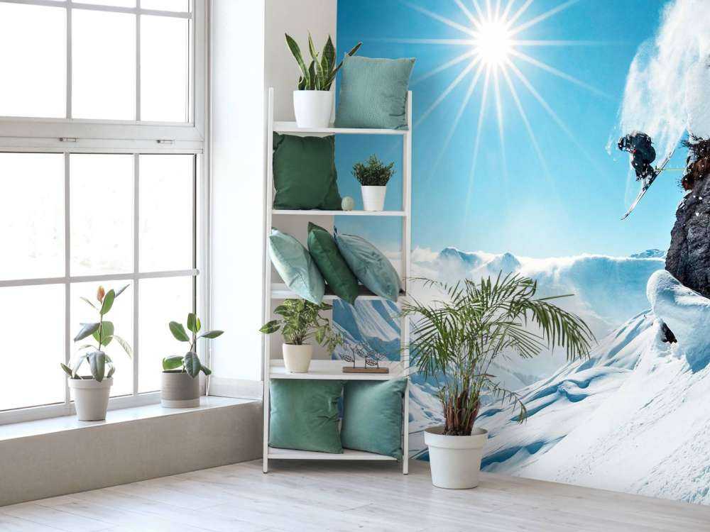 Saut libre dans un paysage enneigé baigné de soleil