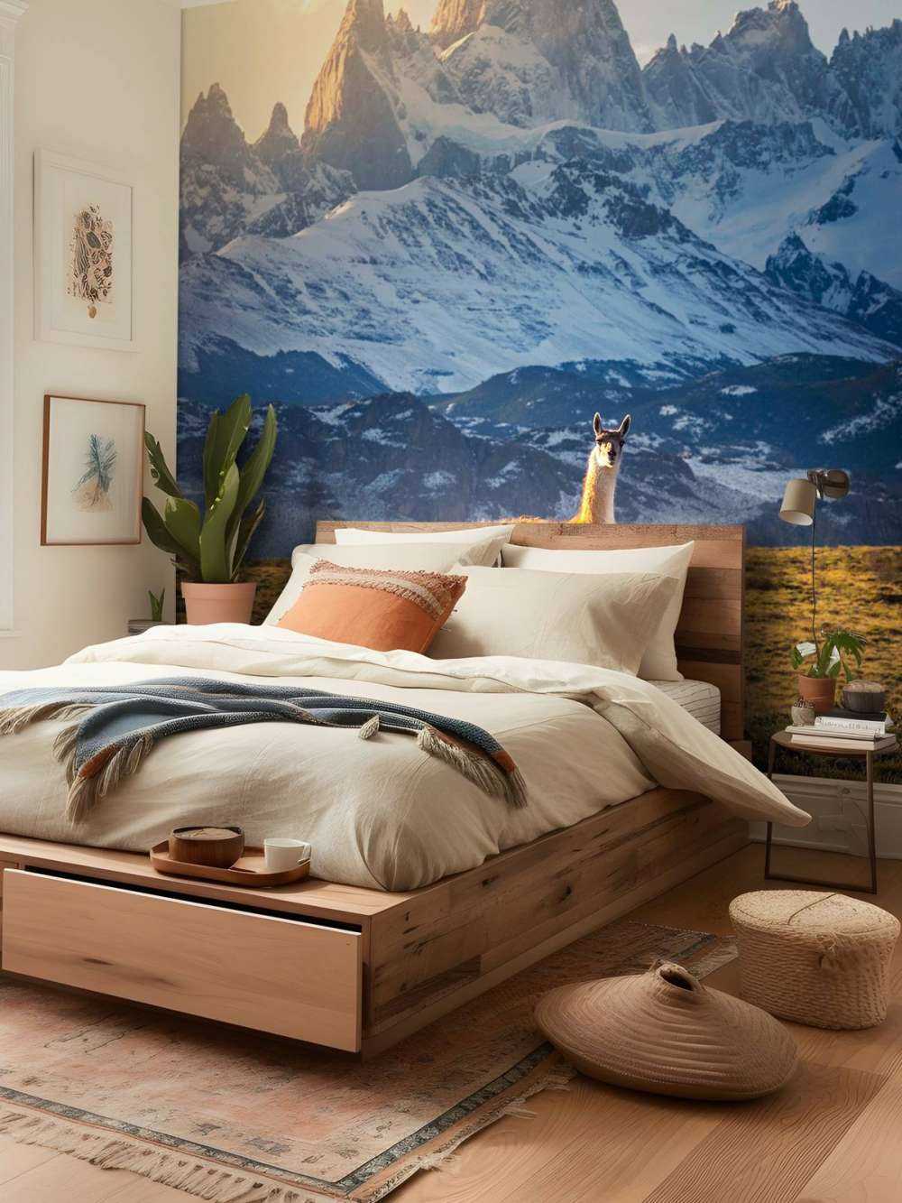 Guanaco en pleine lumière devant les sommets des Andes.