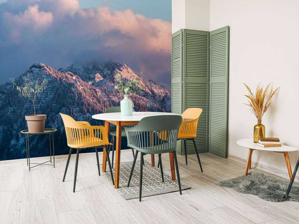 Lumière d'hiver rose sur les sommets des montagnes