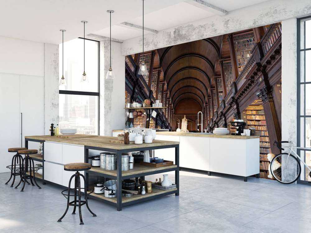 Salle de livres classiques avec des arcs