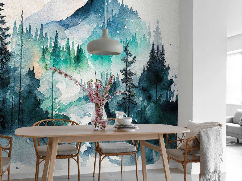 Forêt en aquarelle bleu canard