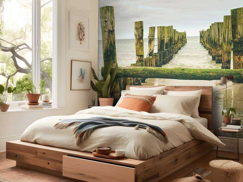 Des têtes de pieux moussues dans l'eau