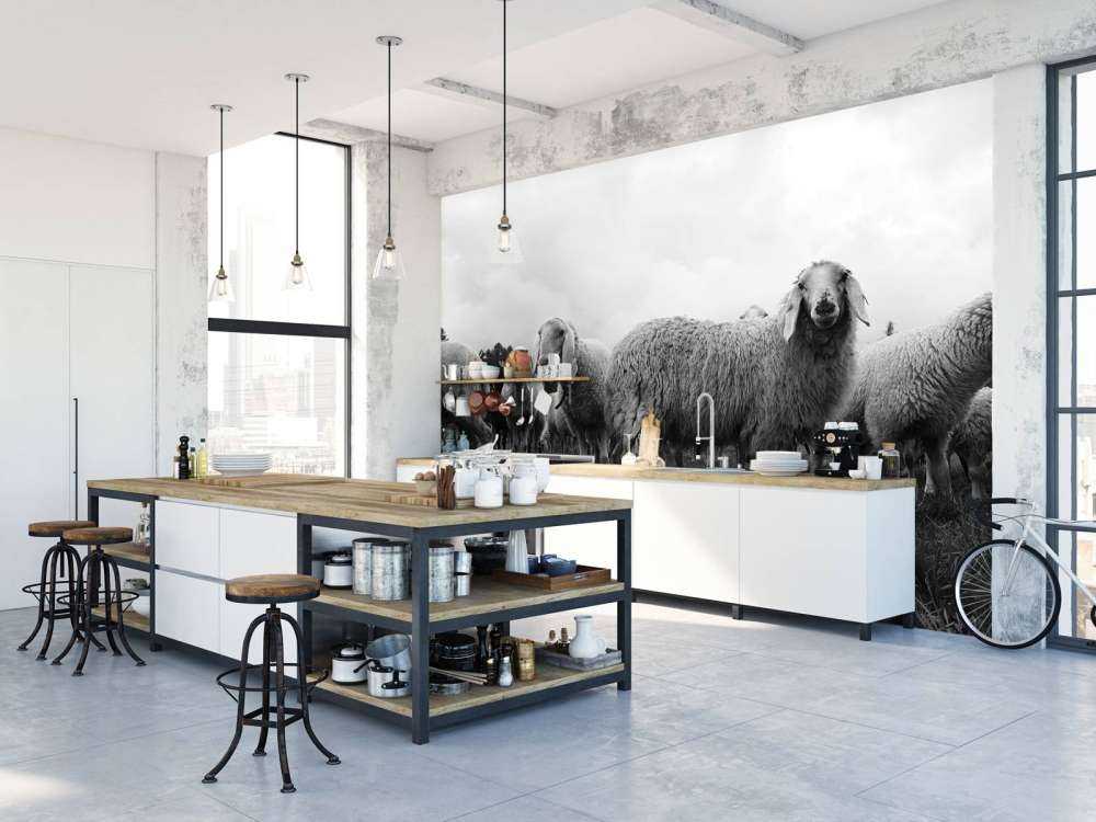 Troupeau de moutons en noir et blanc