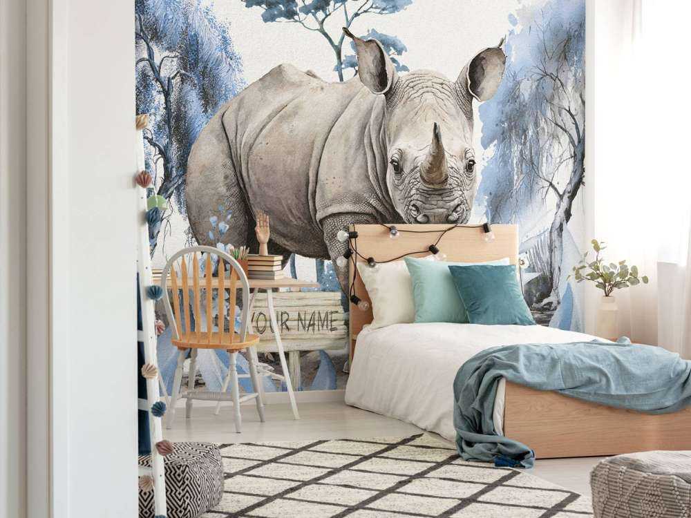 Bébé rhino dans la savane bleu