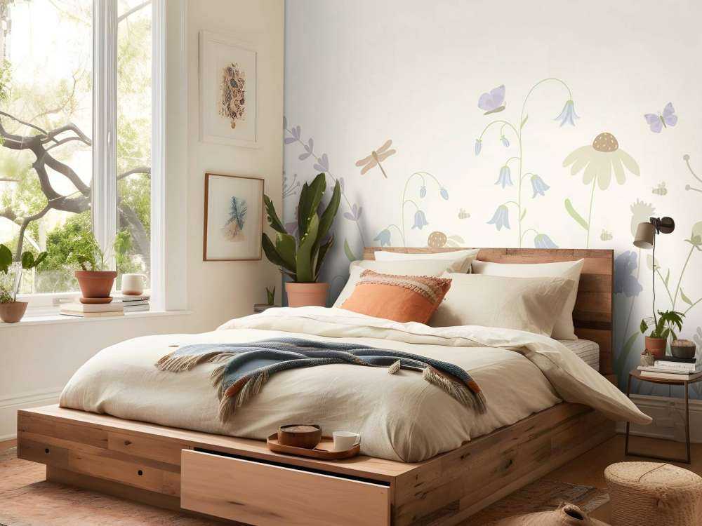 Champ de fleurs en hauteur avec papillons beige, vieux rose, vert et lilas