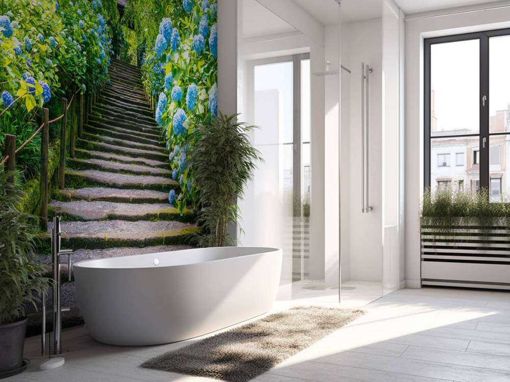 Escalier entre des hortensias