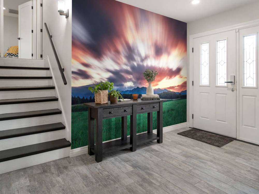 Coucher de soleil au-dessus de la plaine verte