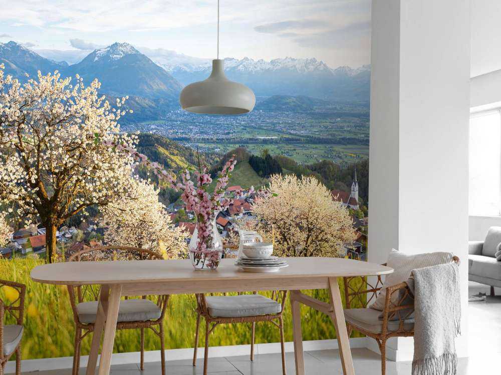 Collines de fleurs avec vue sur les Alpes.