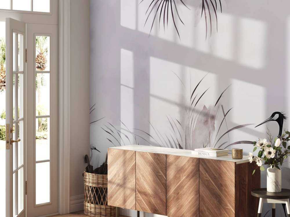 Grues dans le champ blanc