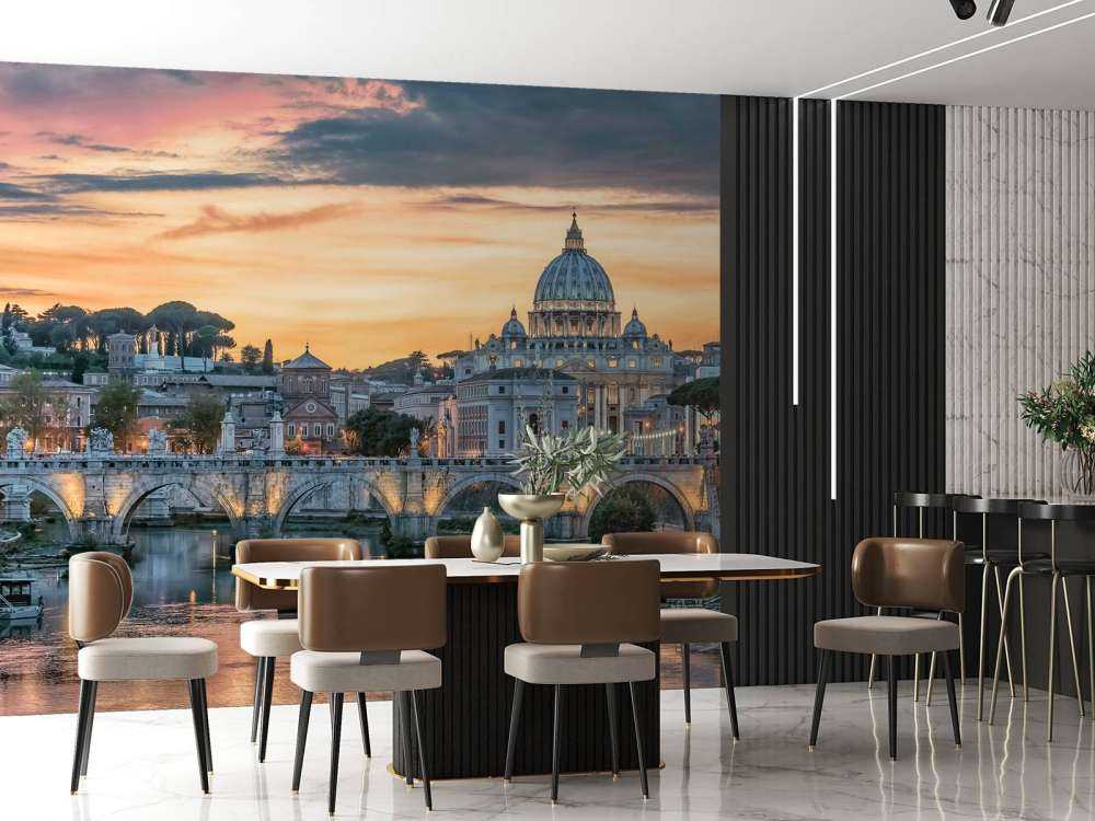 Lueur du soir sur la ville romaine aux dômes.