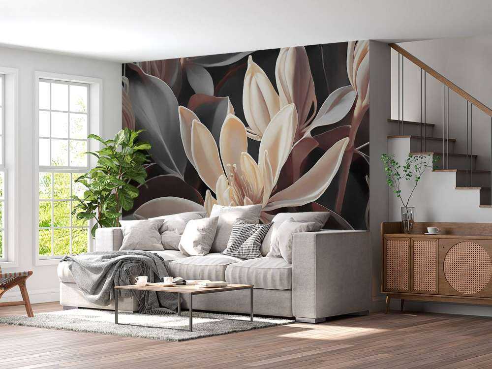 Fleurs de magnolia crème sur fond sombre